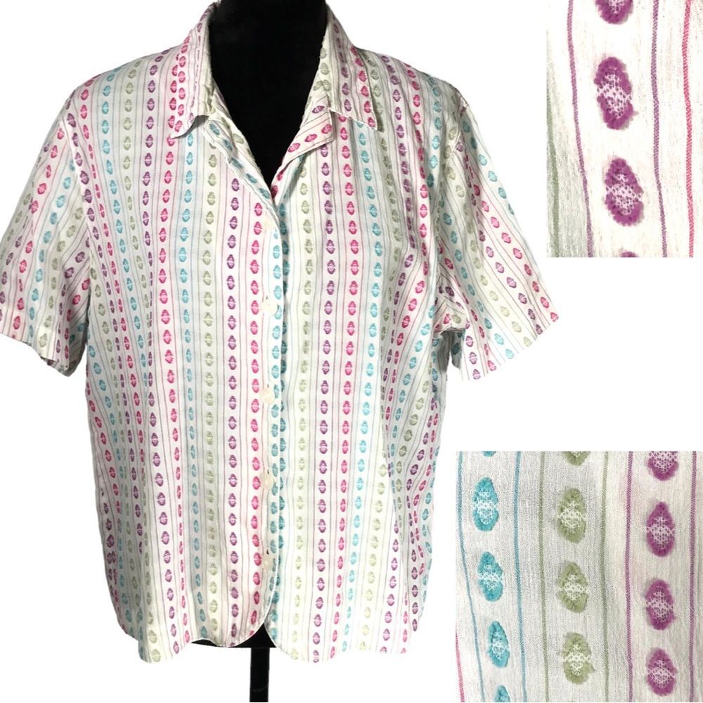 Alfred Dunner White Embroidered Blouse Stripe Short Sleeve Button Down Top